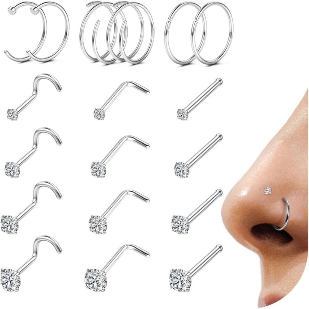 18pcs Nose Rings Studs  316l Surgical Steel Gold Nose Studs Double Hoop Nose Ri